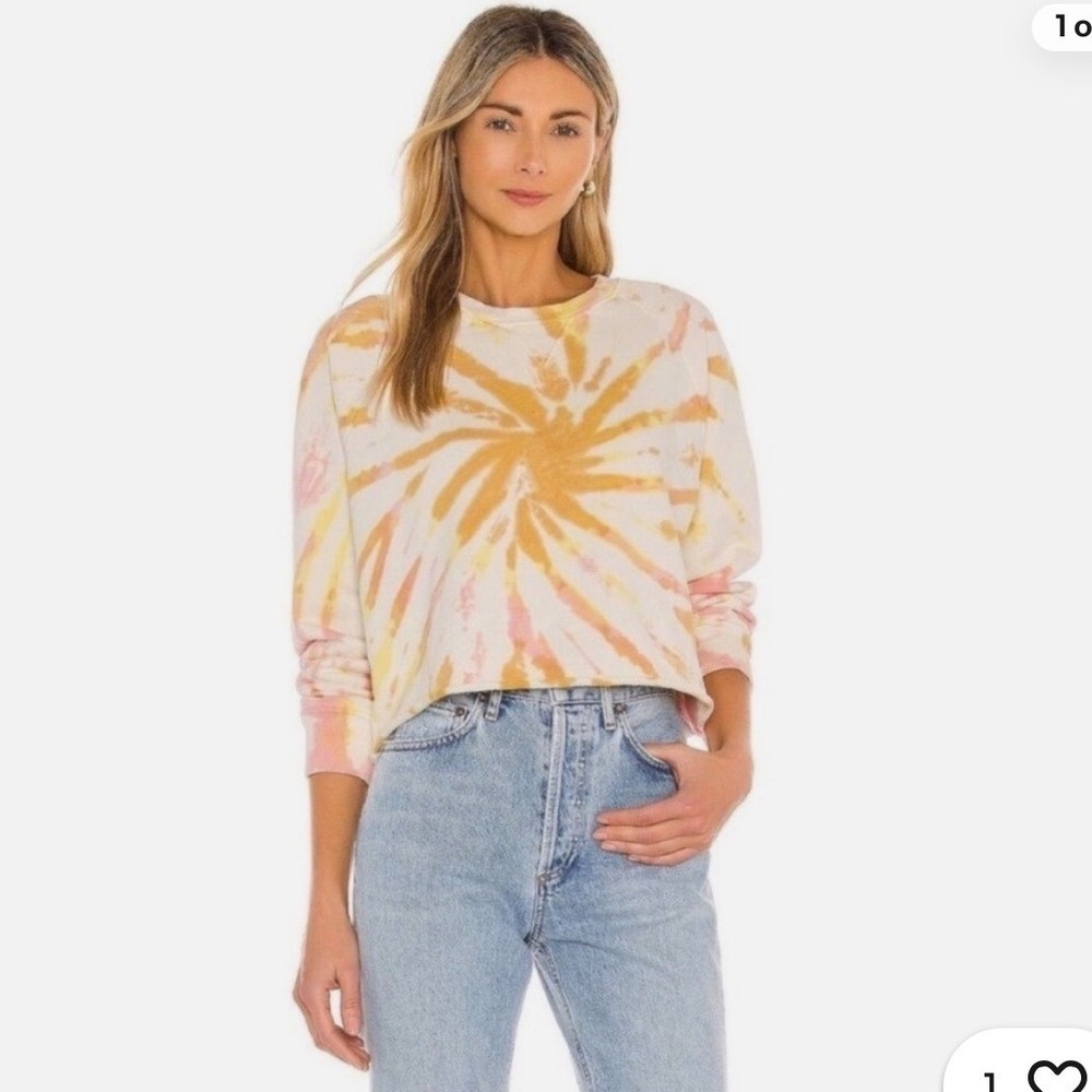 MOTHER The Loafer Crop Fray Sweatshirt Coral Haze Lemon Tie Dye Size M